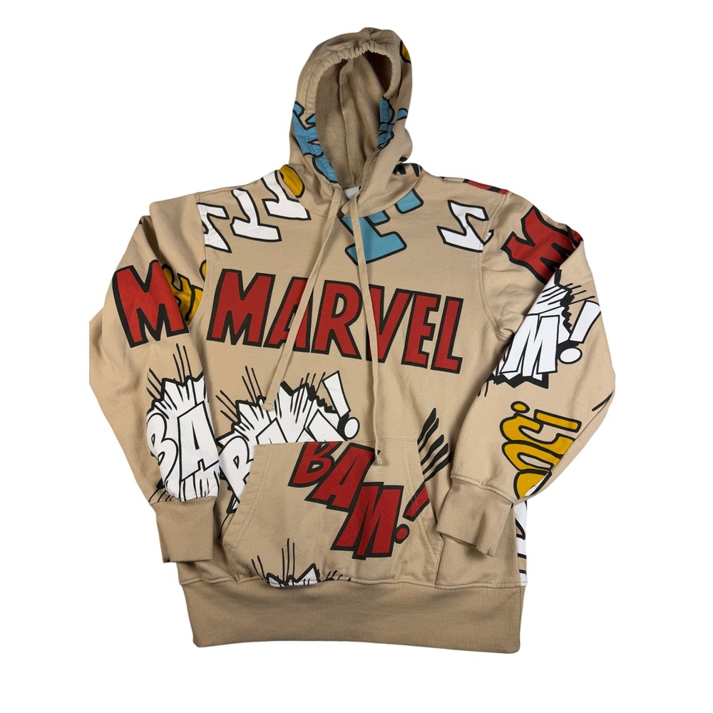 Marvel Comics Graphic Hoodie Mens Small Tan All Over Print Bam Boom Pow Logo
